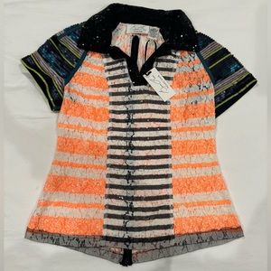 NWT Vintage Byron Lars Short Sleeve Multi Color Pattern Sequin Top